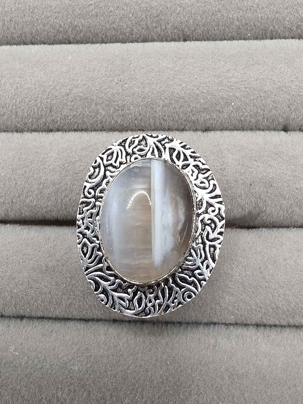 Silver Plated Oval Banded Agate Statement Ring Size 8 - Gray